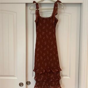 Abercrombie & Fitch Floral Ruffle Smocked Middi Dress with shoulder ties